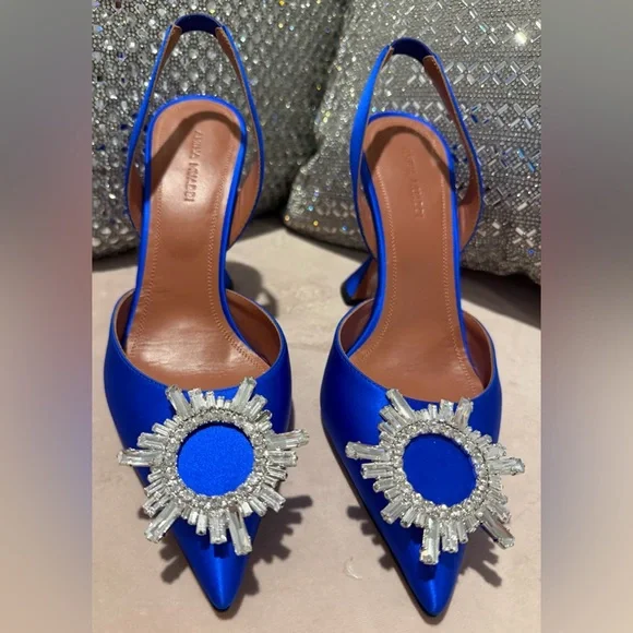 Amina Muaddi Begum Blue Heels with Crystal Embellishments - Picture 2 of 7